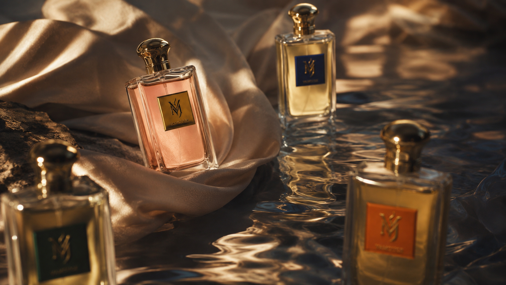 Vamouge — Flakons in Seide, Wasser und goldenem Licht